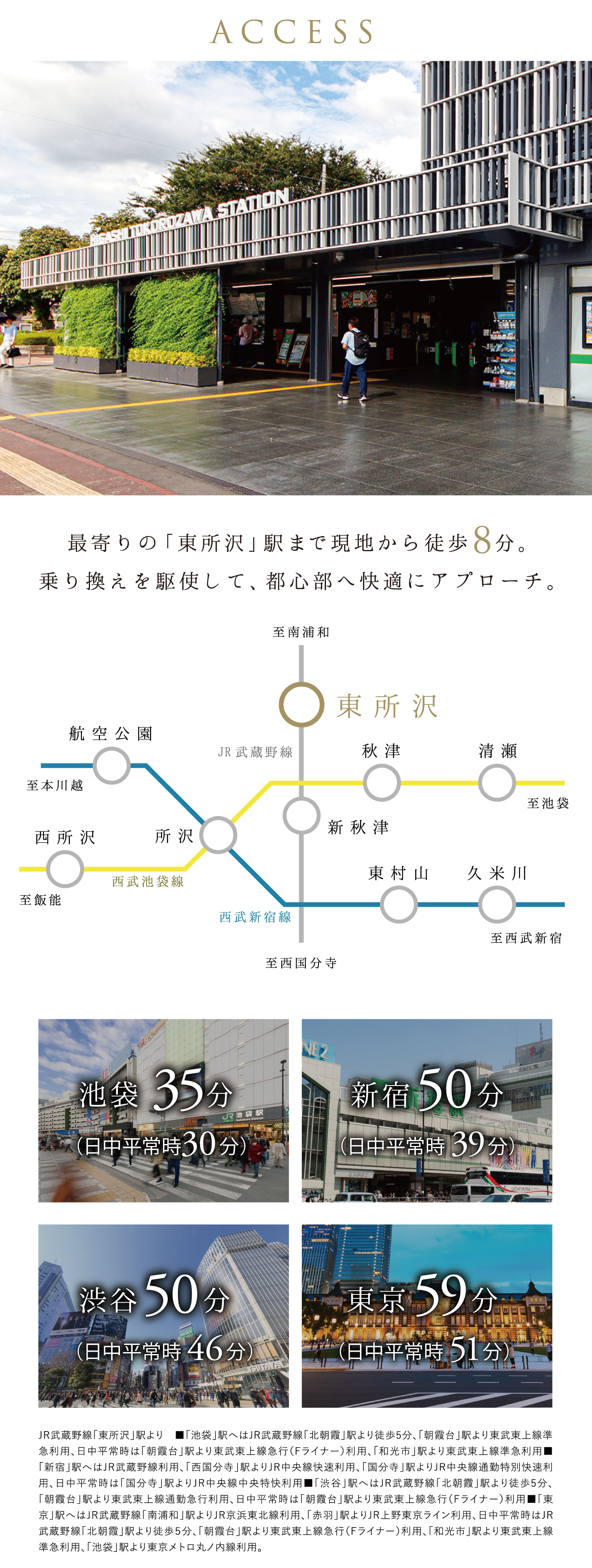 アクセス 最寄り駅の東所沢駅まで現地から徒歩8分。乗り換えを駆使して、都心部へ快適にアプローチ。